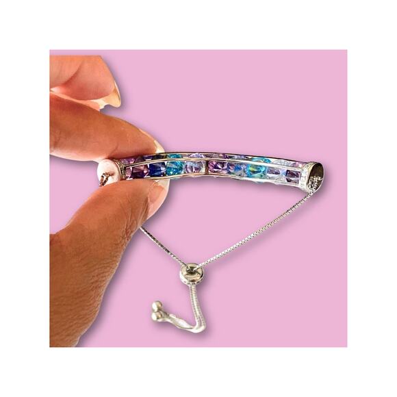Cubic Zirconia And Sterling Silver Adjustable Bracelet Blue And Purple - Picture 5 of 6